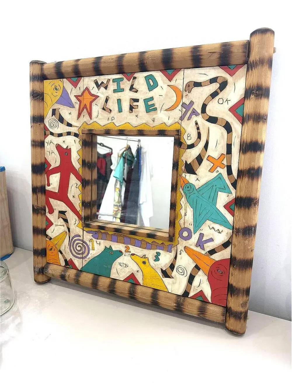 Wild Life Decorative Wall Mirror with Colorful Wooden Frame 14x14